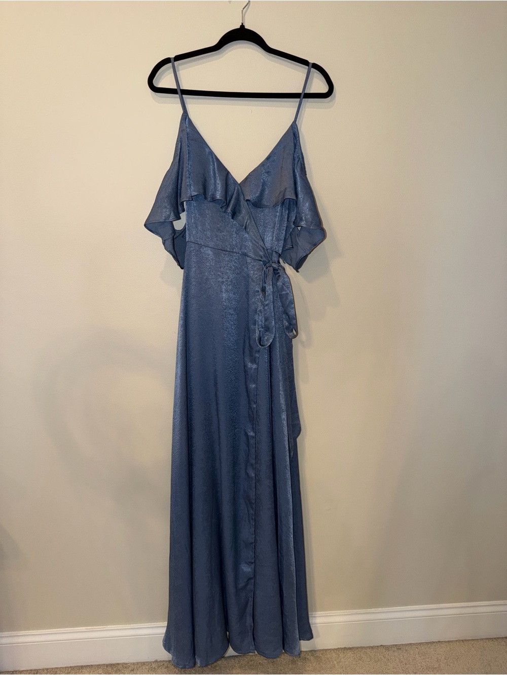 Lulu's Dusty Blue Satin Wrap Maxi Dress with Ruffle Sleeves